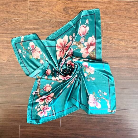 2/$24 NEW Teal Blue Aqua Floral Pink Flower Printed Silky Fashion Scarf - Picture 8 of 11
